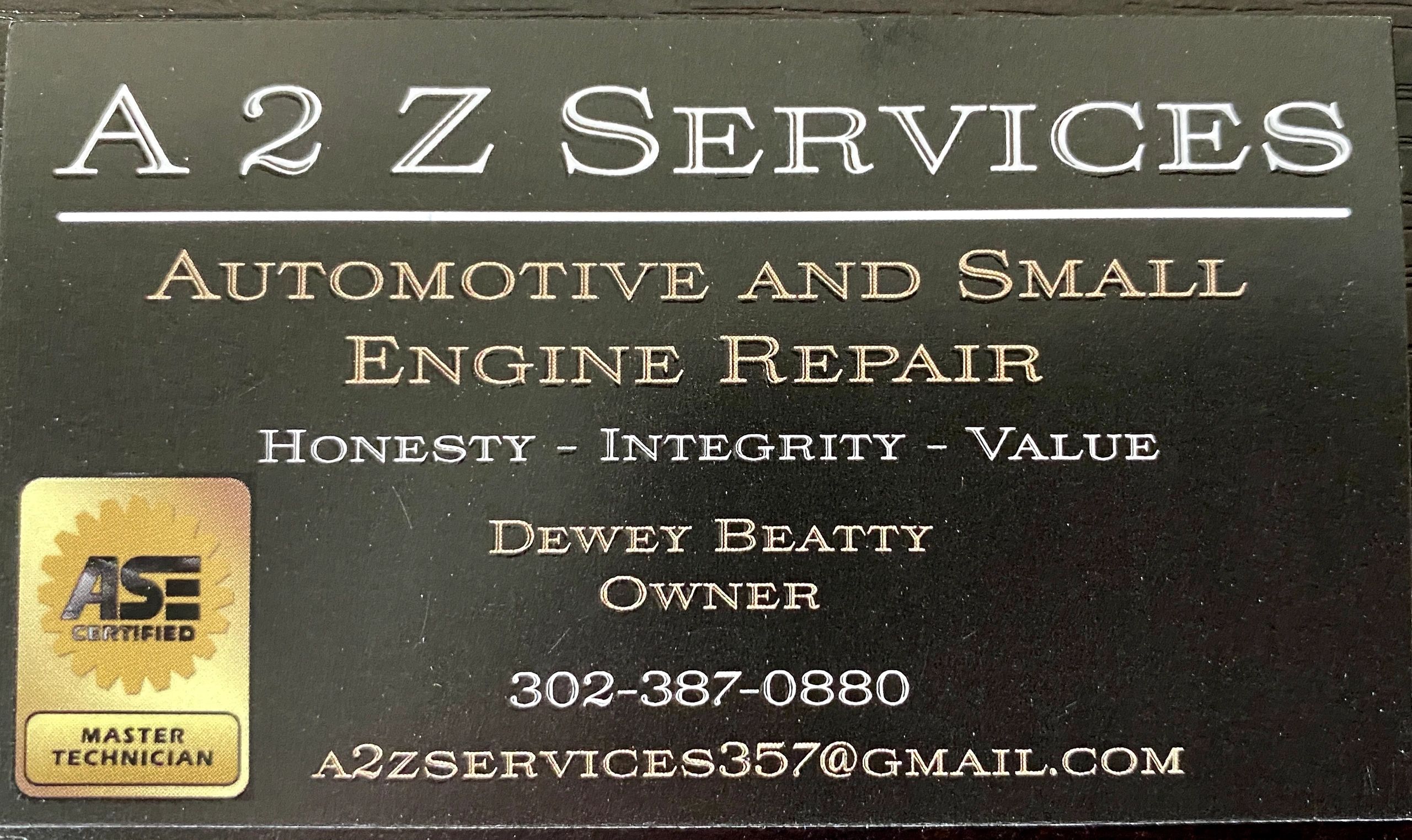 A2Z Services business card — Automotive and Small Engine Repair, Dewey Beatty Owner, ASE Certified Master Technician