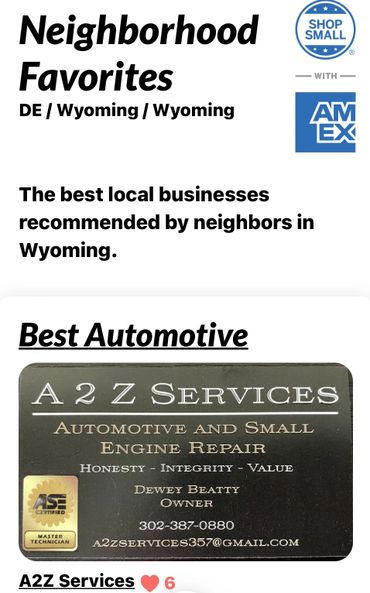 American Express Shop Small — A2Z Services named a Neighborhood Favorite for Best Automotive